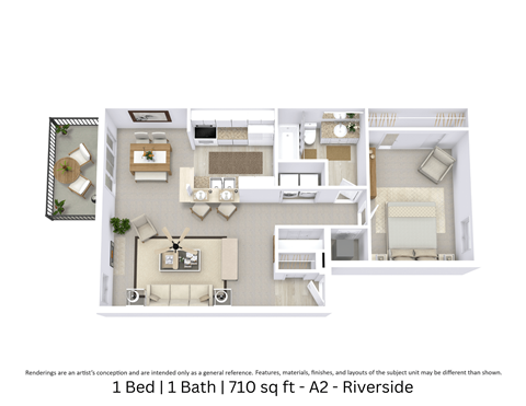 Floor plan for 1 bed, 1 bath, 710 sqft
